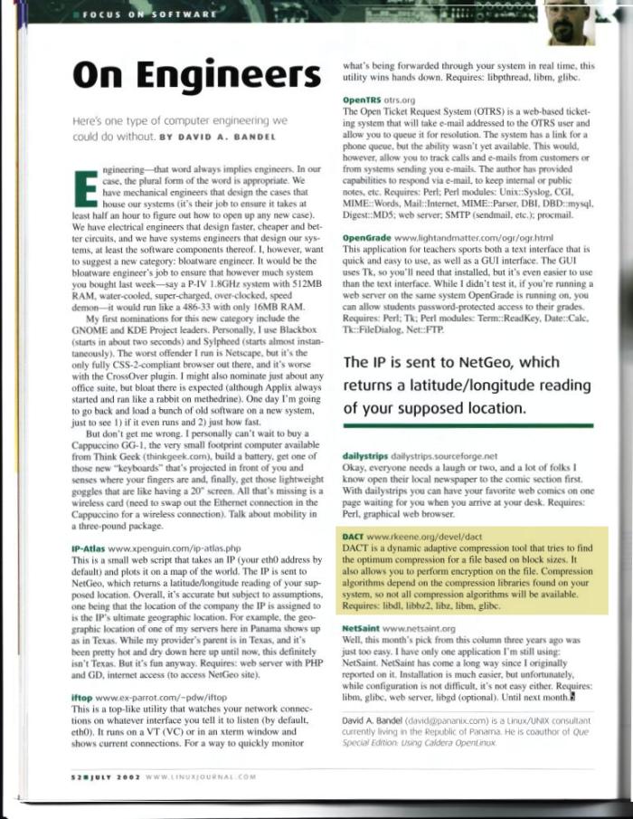 This is a scanned picture for Linux Journal's July 2002 issue.  Page 52 refers to some software I wrote, DACT.